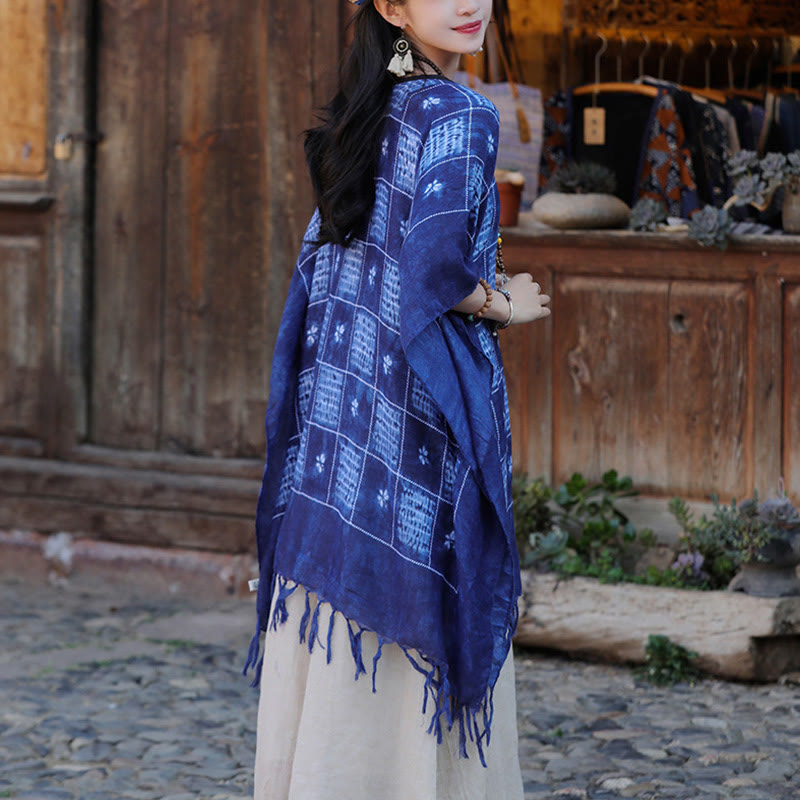 Buddha Stones Blue Color Block Plaid Shawl Tassels Soft Pullover 90*95cm - image 3
