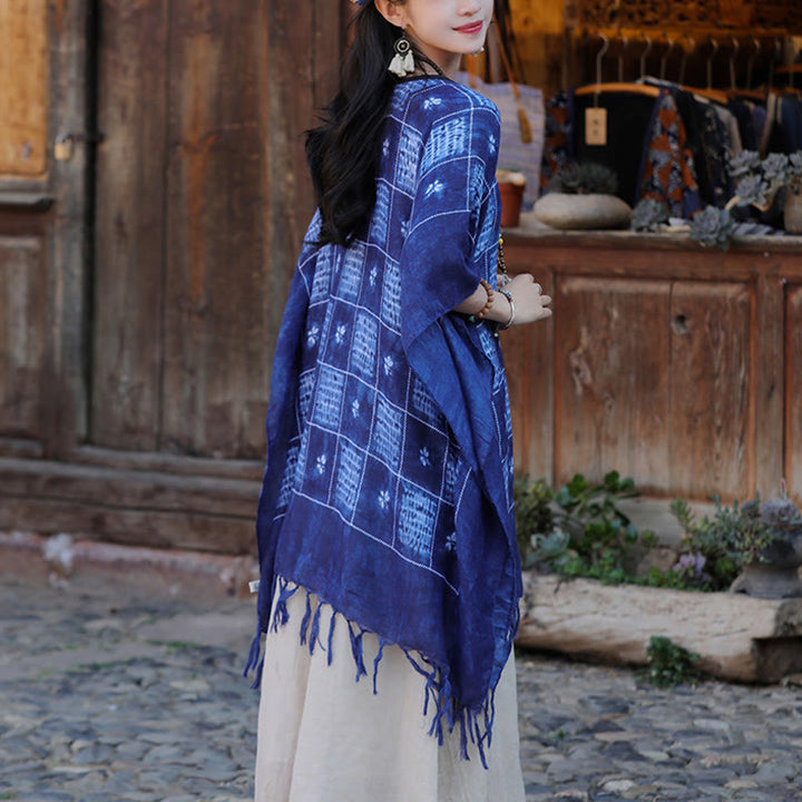 Buddha Stones Blue Color Block Plaid Shawl Tassels Soft Pullover 90*95cm - image 3