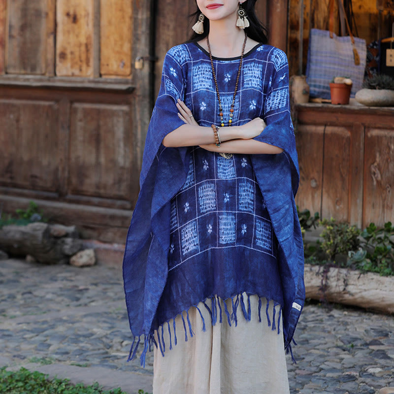 Buddha Stones Blue Color Block Plaid Shawl Tassels Soft Pullover 90*95cm - image 7