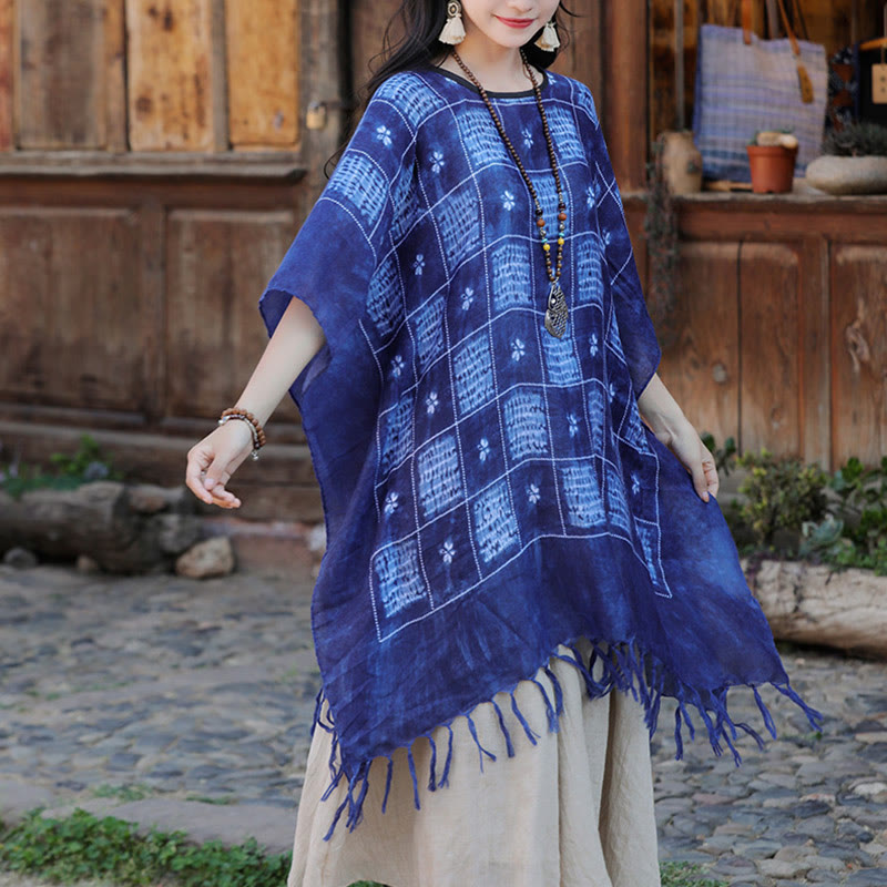 Buddha Stones Blue Color Block Plaid Shawl Tassels Soft Pullover 90*95cm - Blue 90*95cm - image 0