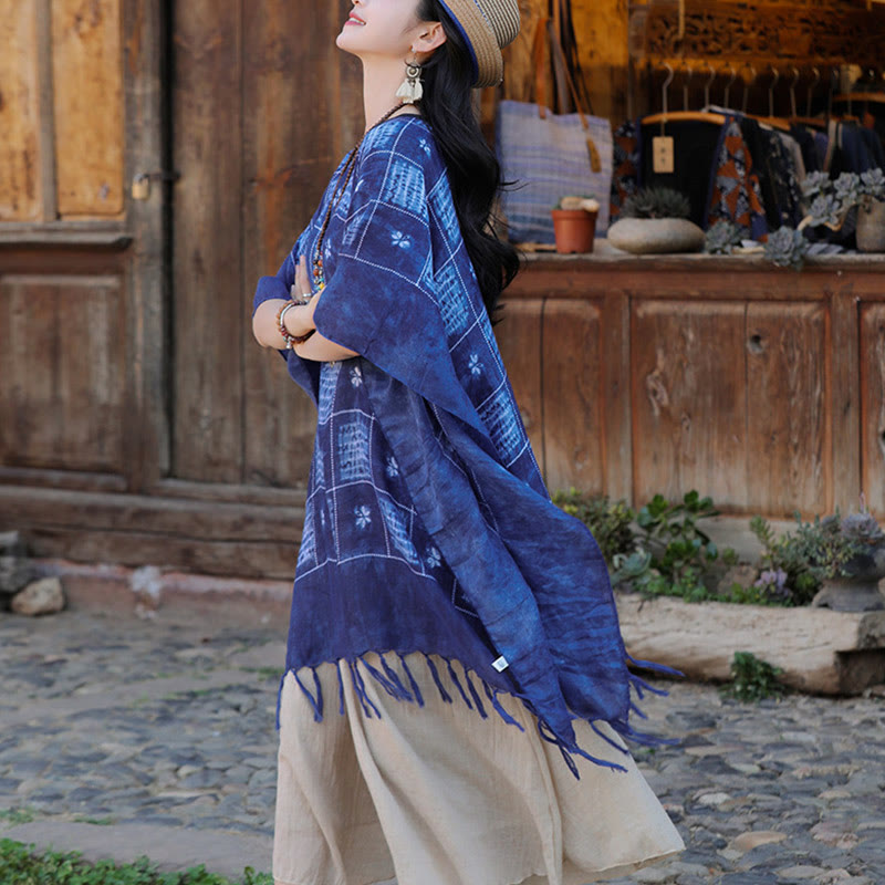 Buddha Stones Blue Color Block Plaid Shawl Tassels Soft Pullover 90*95cm - image 11