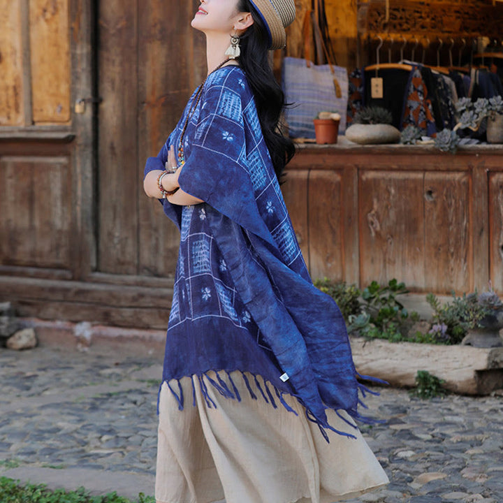 Buddha Stones Blue Color Block Plaid Shawl Tassels Soft Pullover 90*95cm - image 11