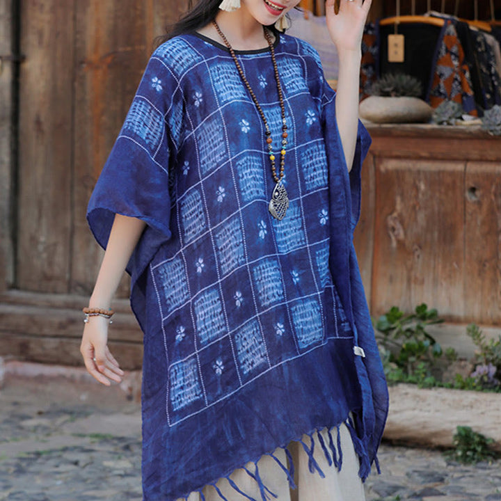 Buddha Stones Blue Color Block Plaid Shawl Tassels Soft Pullover 90*95cm - image 9