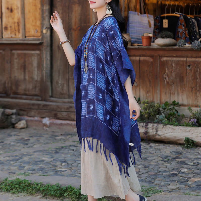 Buddha Stones Blue Color Block Plaid Shawl Tassels Soft Pullover 90*95cm - image 12
