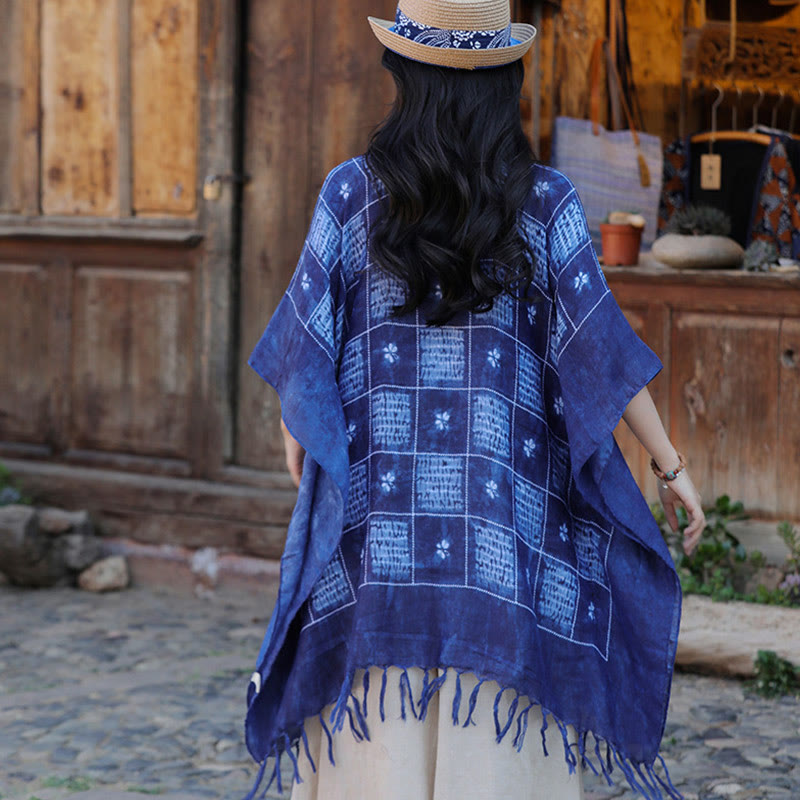 Buddha Stones Blue Color Block Plaid Shawl Tassels Soft Pullover 90*95cm - image 2