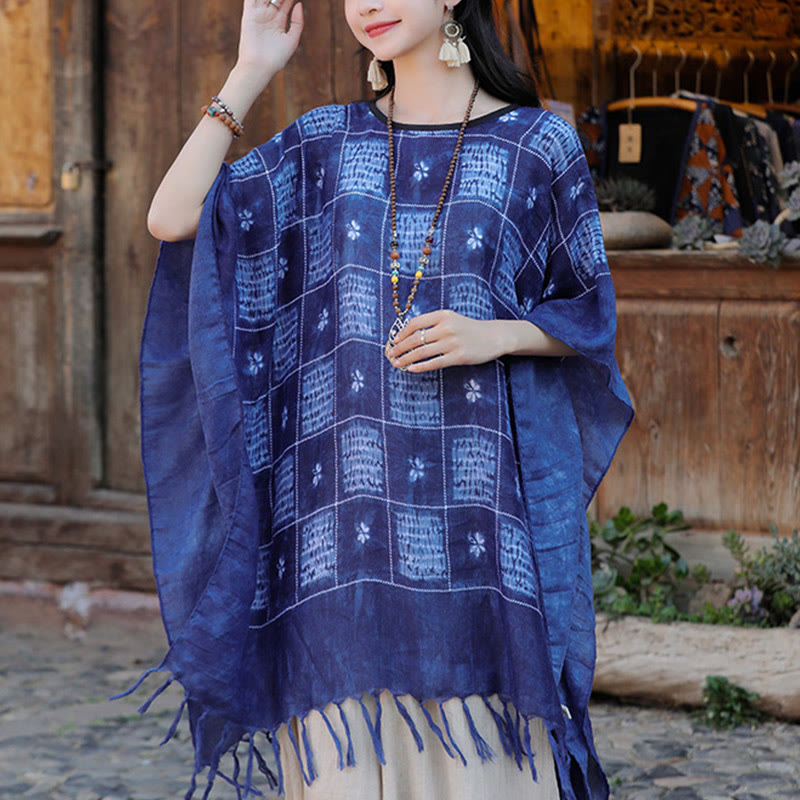 Buddha Stones Blue Color Block Plaid Shawl Tassels Soft Pullover 90*95cm - image 4