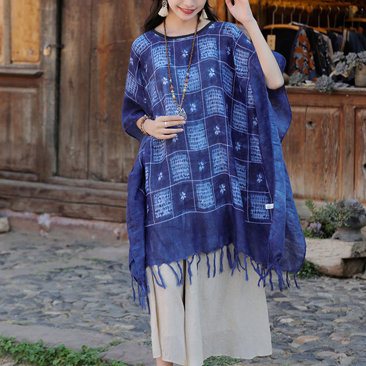 Buddha Stones Blue Color Block Plaid Shawl Tassels Soft Pullover 90*95cm - image 10