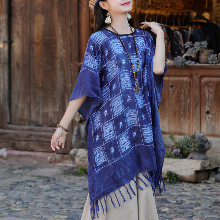 Buddha Stones Blue Color Block Plaid Shawl Tassels Soft Pullover 90*95cm - image 5