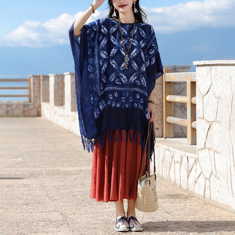 Buddha Stones Blue Flower Indigo Dyeing Shawl Tassels Cozy Pullover 90*95cm - image 9