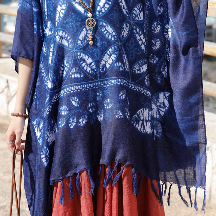 Buddha Stones Blue Flower Indigo Dyeing Shawl Tassels Cozy Pullover 90*95cm - image 4
