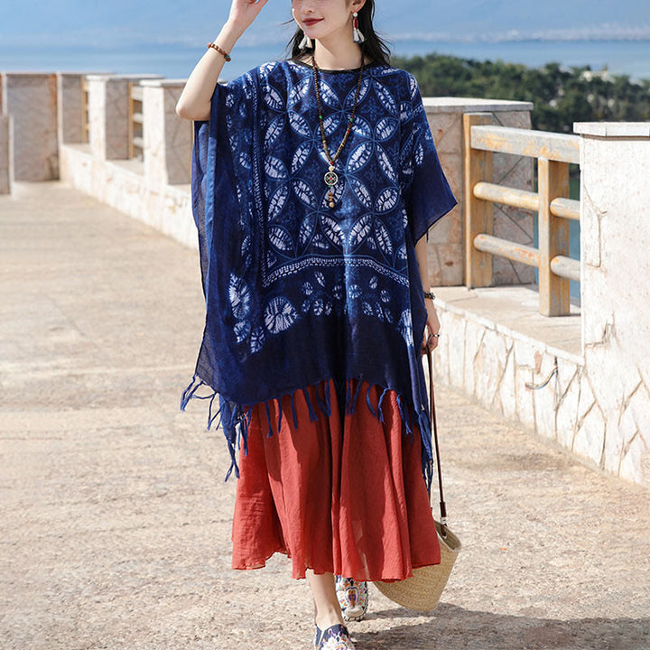 Buddha Stones Blue Flower Indigo Dyeing Shawl Tassels Cozy Pullover 90*95cm - image 6