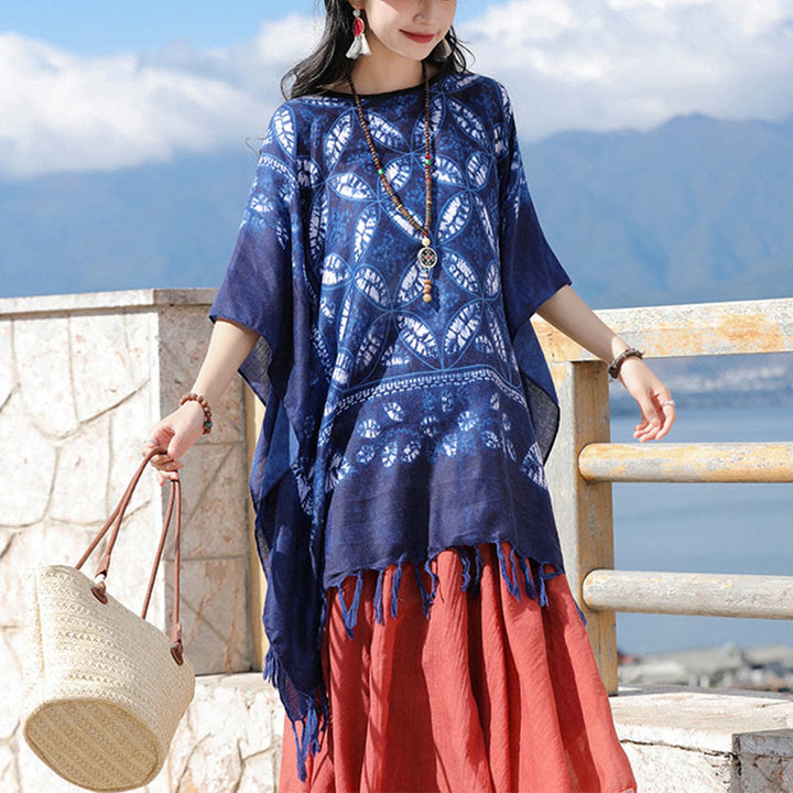 Buddha Stones Blue Flower Indigo Dyeing Shawl Tassels Cozy Pullover 90*95cm - image 5