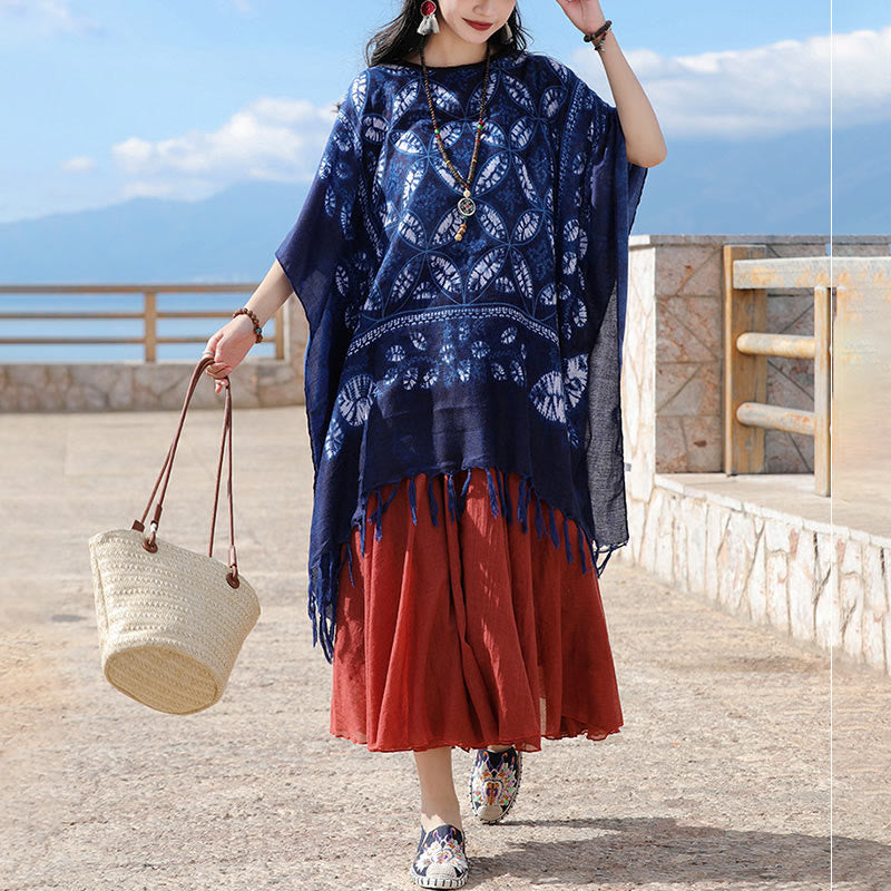 Buddha Stones Blue Flower Indigo Dyeing Shawl Tassels Cozy Pullover 90*95cm - image 10