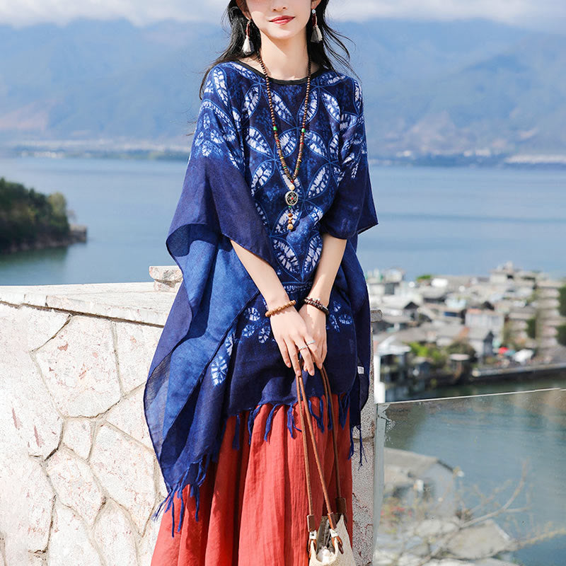 Buddha Stones Blue Flower Indigo Dyeing Shawl Tassels Cozy Pullover 90*95cm - image 1