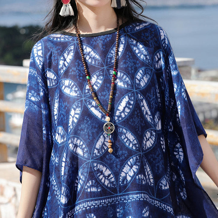 Buddha Stones Blue Flower Indigo Dyeing Shawl Tassels Cozy Pullover 90*95cm - image 3