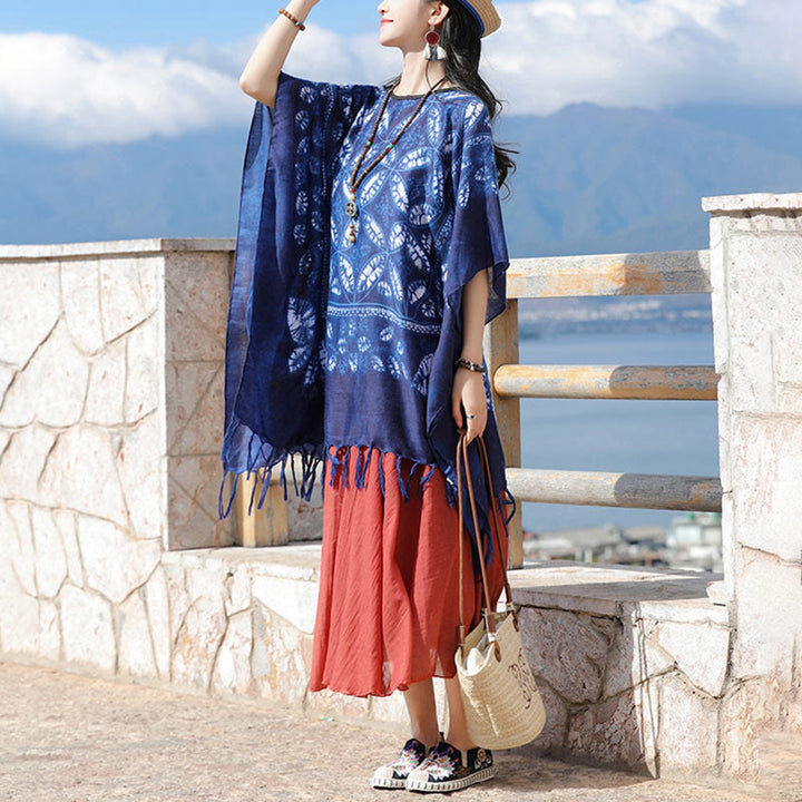 Buddha Stones Blue Flower Indigo Dyeing Shawl Tassels Cozy Pullover 90*95cm - image 7