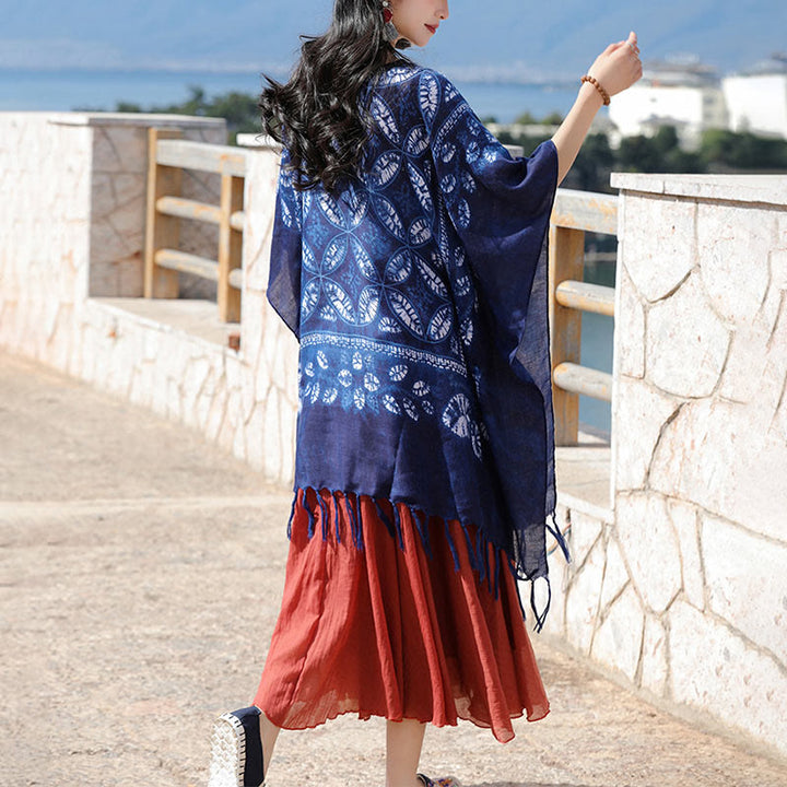 Buddha Stones Blue Flower Indigo Dyeing Shawl Tassels Cozy Pullover 90*95cm - image 2