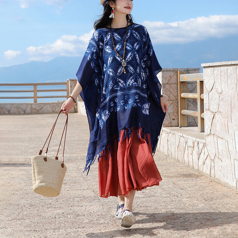 Buddha Stones Blue Flower Indigo Dyeing Shawl Tassels Cozy Pullover 90*95cm - image 8