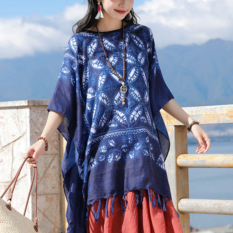 Buddha Stones Blue Flower Indigo Dyeing Shawl Tassels Cozy Pullover 90*95cm - Blue 90*95cm - image 0