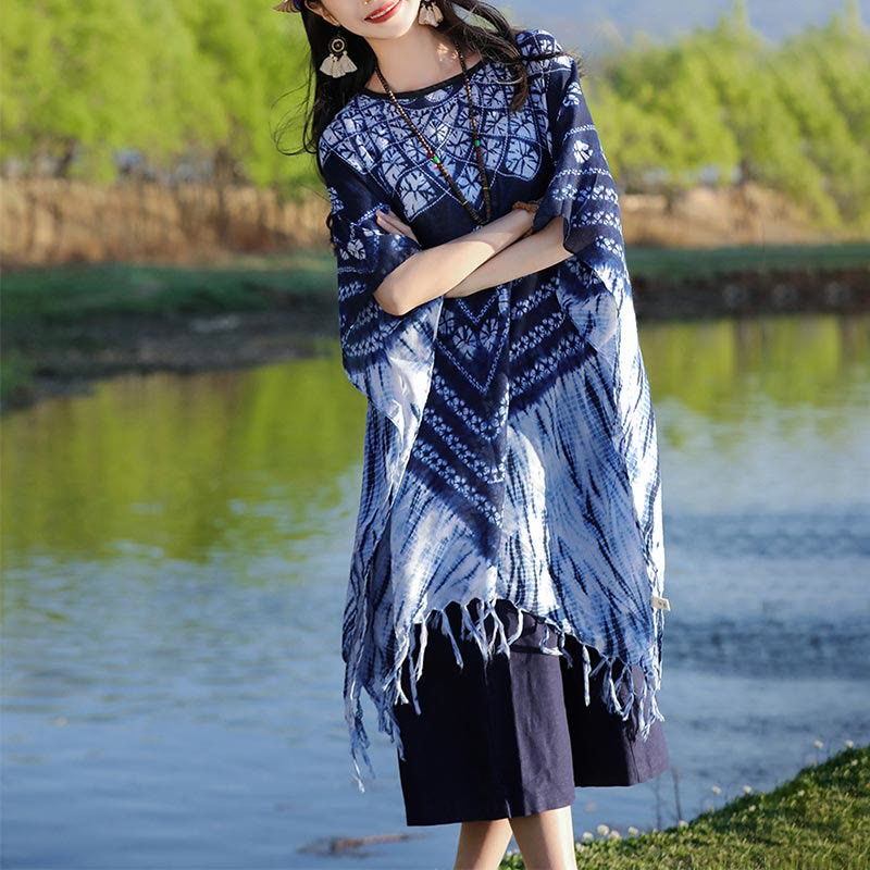 Buddha Stones Blue Striped Floral Indigo Dyeing Shawl Tassels Cozy Pullover 90*95cm - image 5