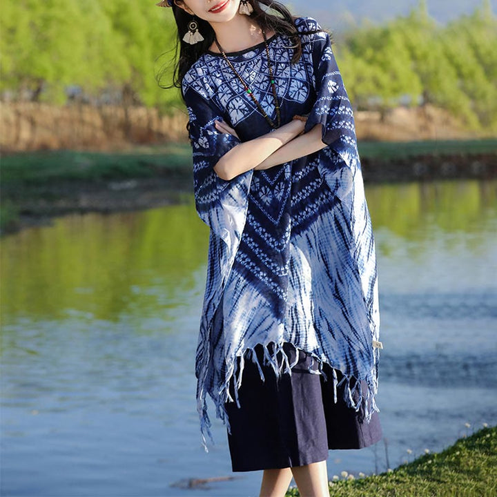 Buddha Stones Blue Striped Floral Indigo Dyeing Shawl Tassels Cozy Pullover 90*95cm - image 5