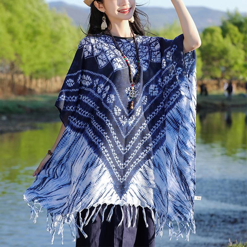 Buddha Stones Blue Striped Floral Indigo Dyeing Shawl Tassels Cozy Pullover 90*95cm - Blue 90*95cm - image 0