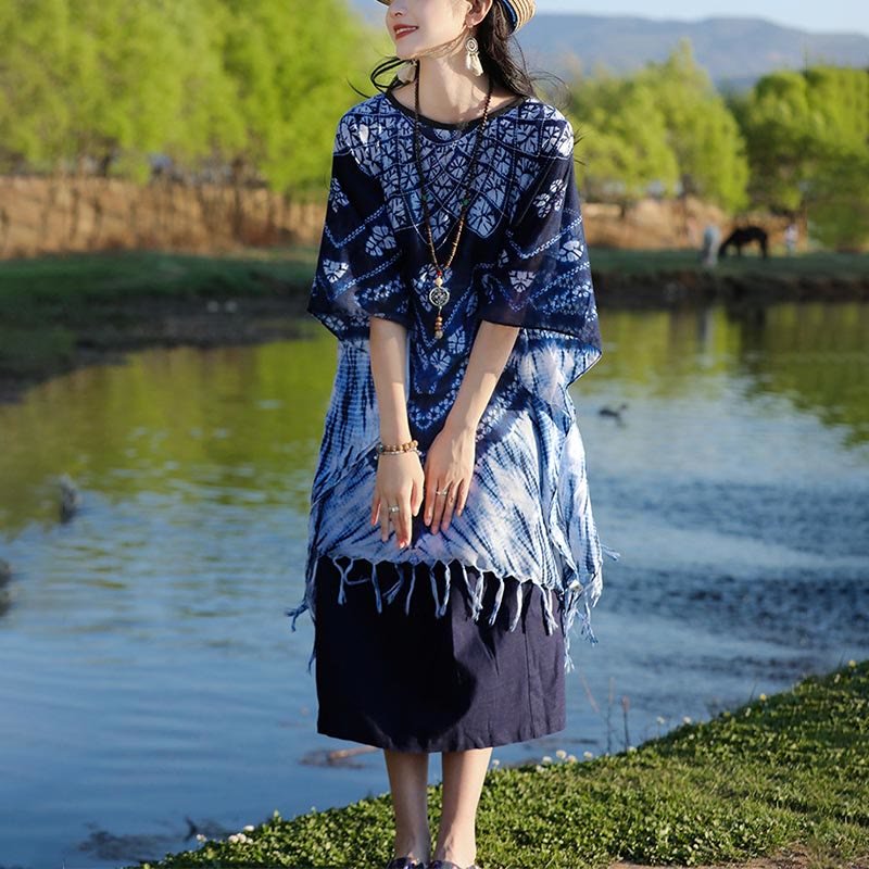 Buddha Stones Blue Striped Floral Indigo Dyeing Shawl Tassels Cozy Pullover 90*95cm - image 6