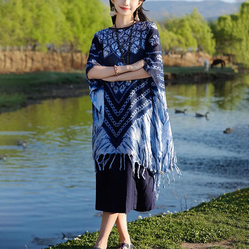 Buddha Stones Blue Striped Floral Indigo Dyeing Shawl Tassels Cozy Pullover 90*95cm - image 7