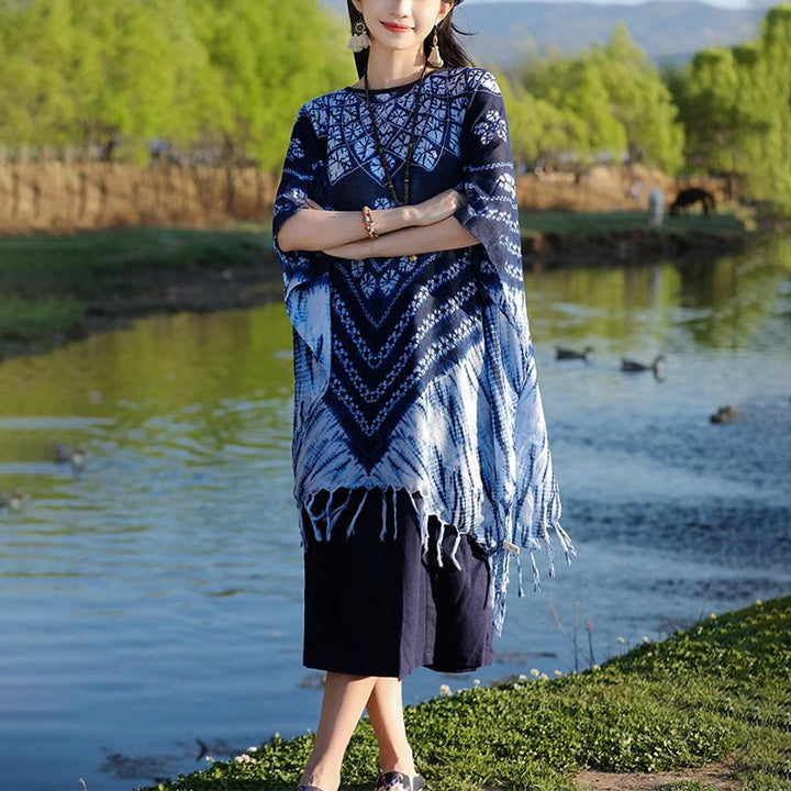 Buddha Stones Blue Striped Floral Indigo Dyeing Shawl Tassels Cozy Pullover 90*95cm - image 7
