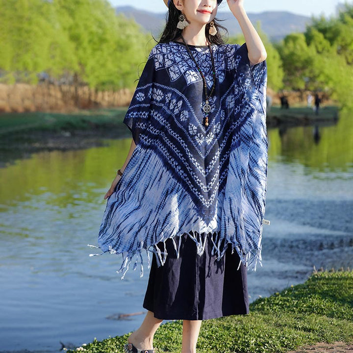 Buddha Stones Blue Striped Floral Indigo Dyeing Shawl Tassels Cozy Pullover 90*95cm - image 4