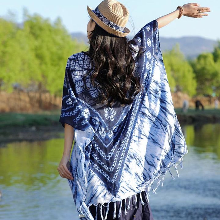 Buddha Stones Blue Striped Floral Indigo Dyeing Shawl Tassels Cozy Pullover 90*95cm - image 2