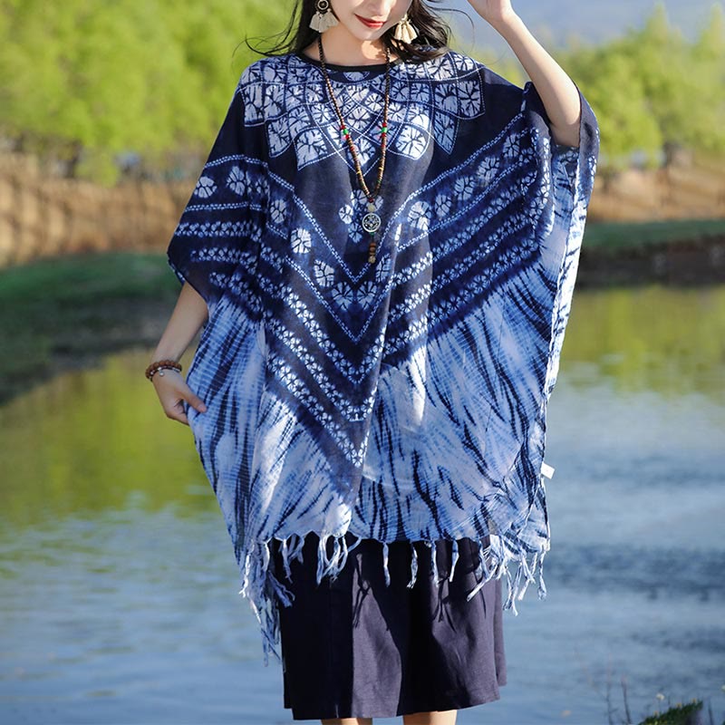 Buddha Stones Blue Striped Floral Indigo Dyeing Shawl Tassels Cozy Pullover 90*95cm - image 1