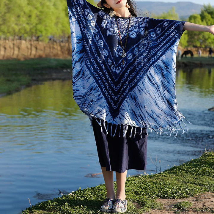 Buddha Stones Blue Striped Floral Indigo Dyeing Shawl Tassels Cozy Pullover 90*95cm - image 8