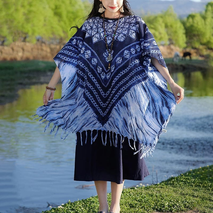 Buddha Stones Blue Striped Floral Indigo Dyeing Shawl Tassels Cozy Pullover 90*95cm - image 3