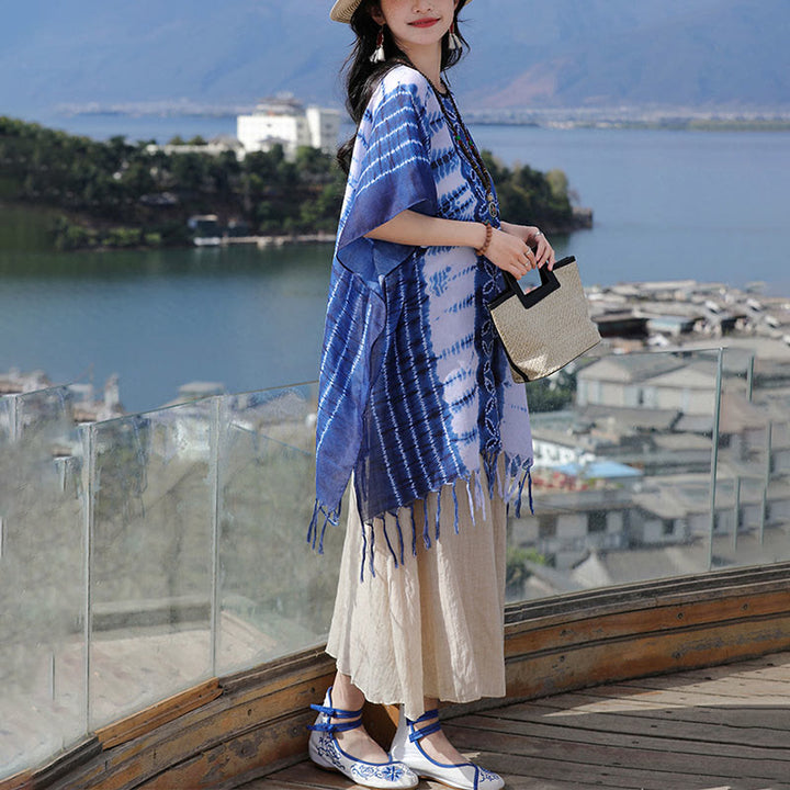 Buddha Stones Blue White Striped Indigo Dyeing Shawl Tassels Cozy Pullover 90*95cm - image 4
