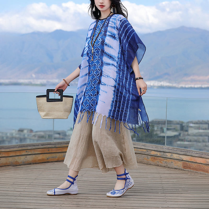 Buddha Stones Blue White Striped Indigo Dyeing Shawl Tassels Cozy Pullover 90*95cm - image 11