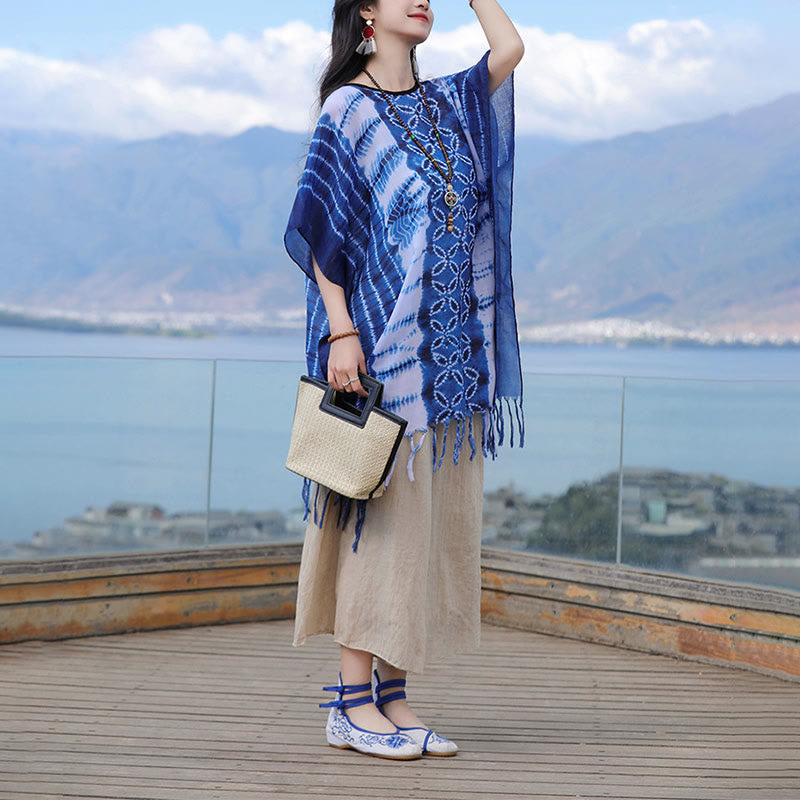 Buddha Stones Blue White Striped Indigo Dyeing Shawl Tassels Cozy Pullover 90*95cm - image 8