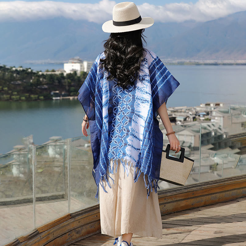 Buddha Stones Blue White Striped Indigo Dyeing Shawl Tassels Cozy Pullover 90*95cm - image 7