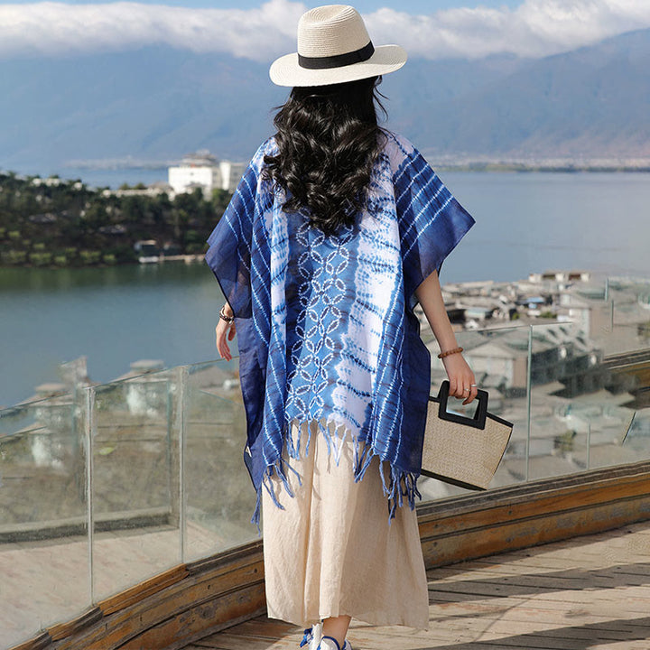 Buddha Stones Blue White Striped Indigo Dyeing Shawl Tassels Cozy Pullover 90*95cm - image 7