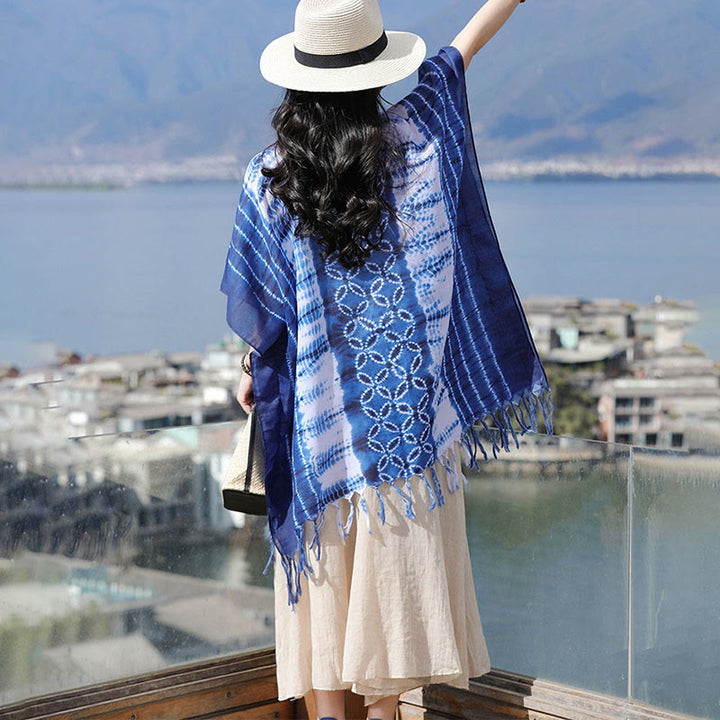 Buddha Stones Blue White Striped Indigo Dyeing Shawl Tassels Cozy Pullover 90*95cm - image 6