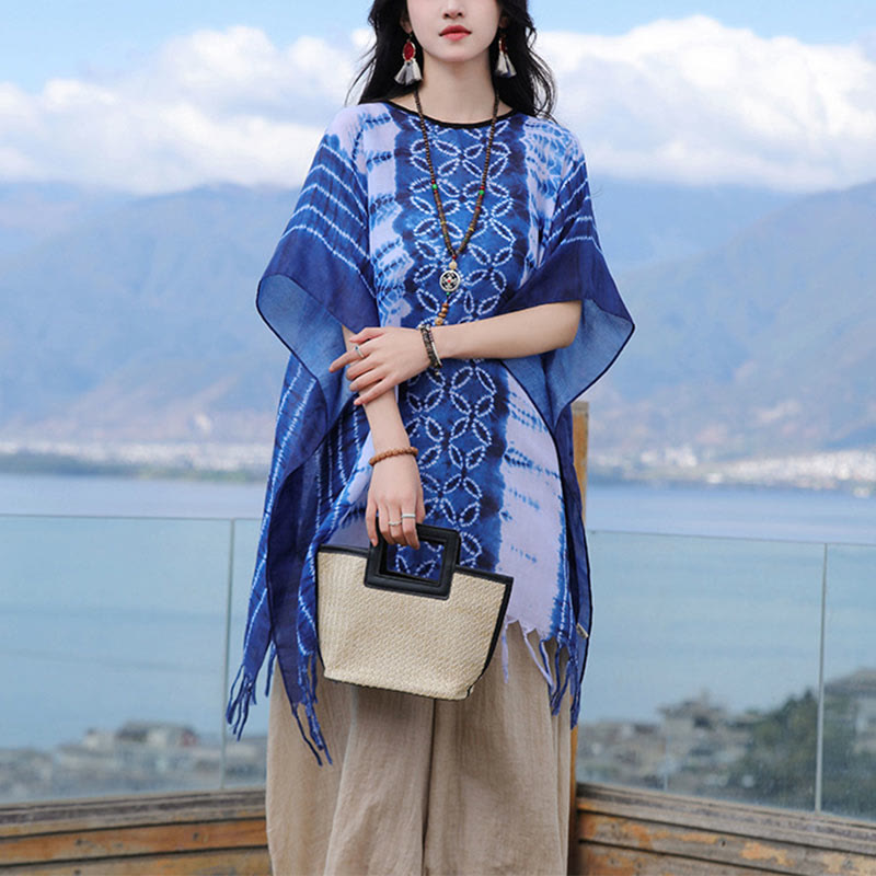 Buddha Stones Blue White Striped Indigo Dyeing Shawl Tassels Cozy Pullover 90*95cm - image 3