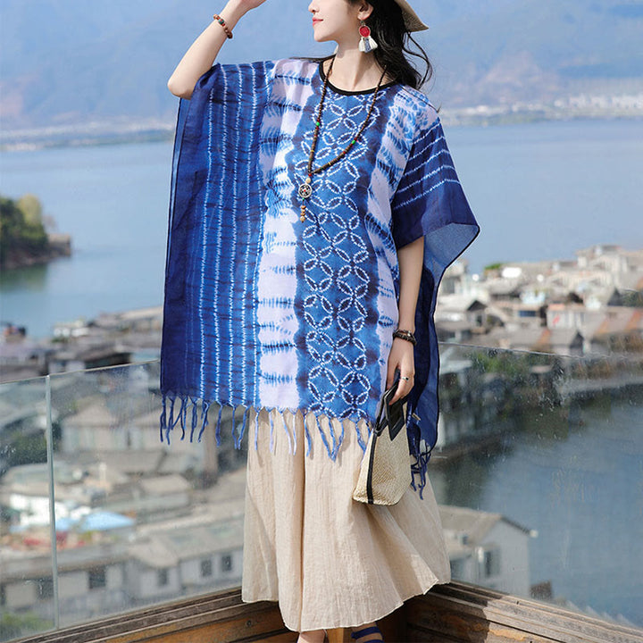 Buddha Stones Blue White Striped Indigo Dyeing Shawl Tassels Cozy Pullover 90*95cm - image 12