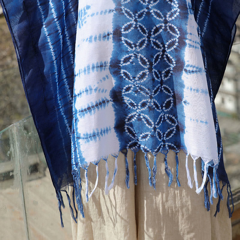 Buddha Stones Blue White Striped Indigo Dyeing Shawl Tassels Cozy Pullover 90*95cm - image 2
