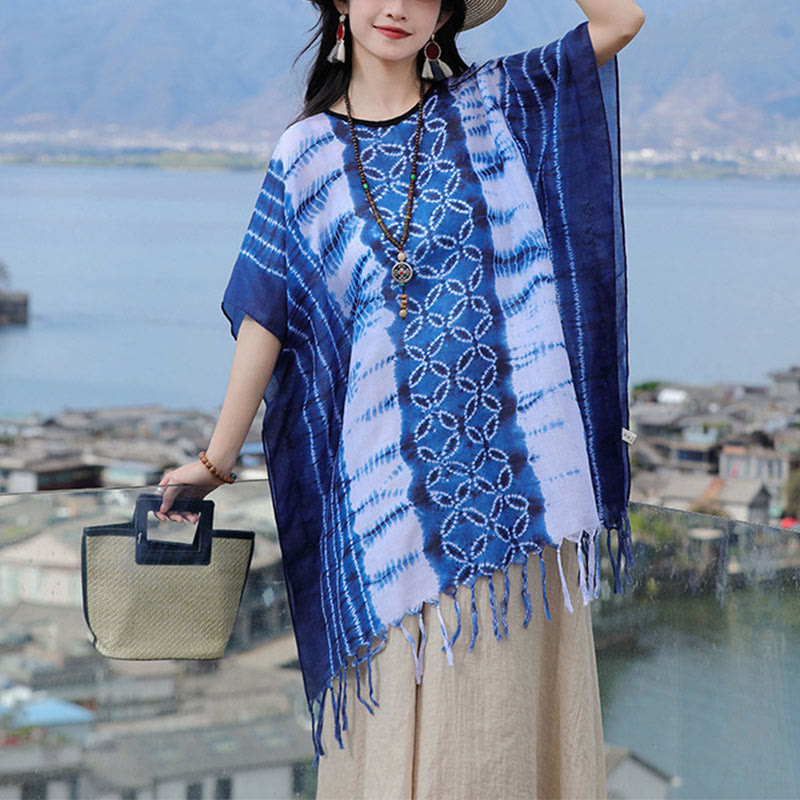 Buddha Stones Blue White Striped Indigo Dyeing Shawl Tassels Cozy Pullover 90*95cm - image 1