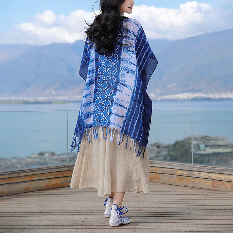 Buddha Stones Blue White Striped Indigo Dyeing Shawl Tassels Cozy Pullover 90*95cm - image 10