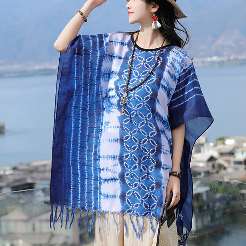 Buddha Stones Blue White Striped Indigo Dyeing Shawl Tassels Cozy Pullover 90*95cm - Blue 90*95cm - image 0