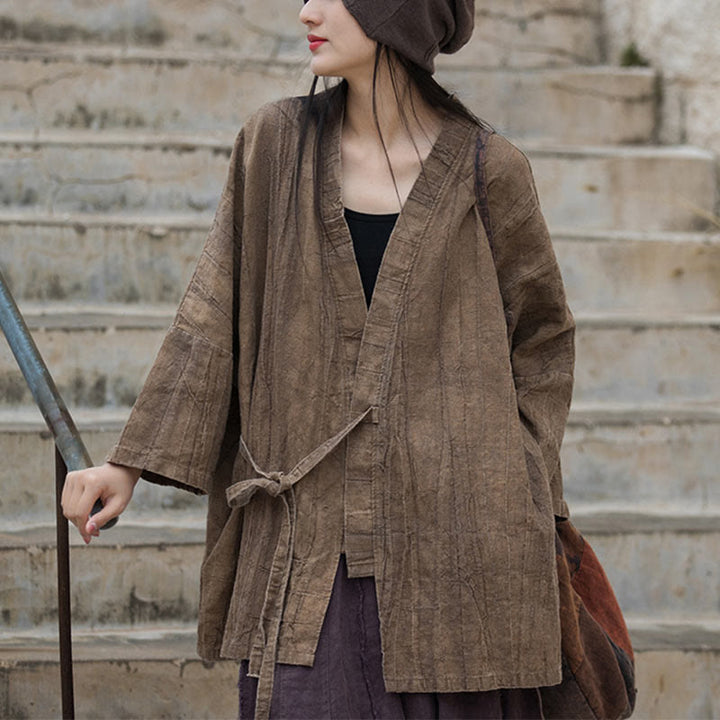 Buddha Stones Tie Dye Lace-up Design Coat Zen Meditation Open Front Top Jacket - Brown-US4-14，UK/AU8-18，EU36-46 (F)-(Top Only) - image 0