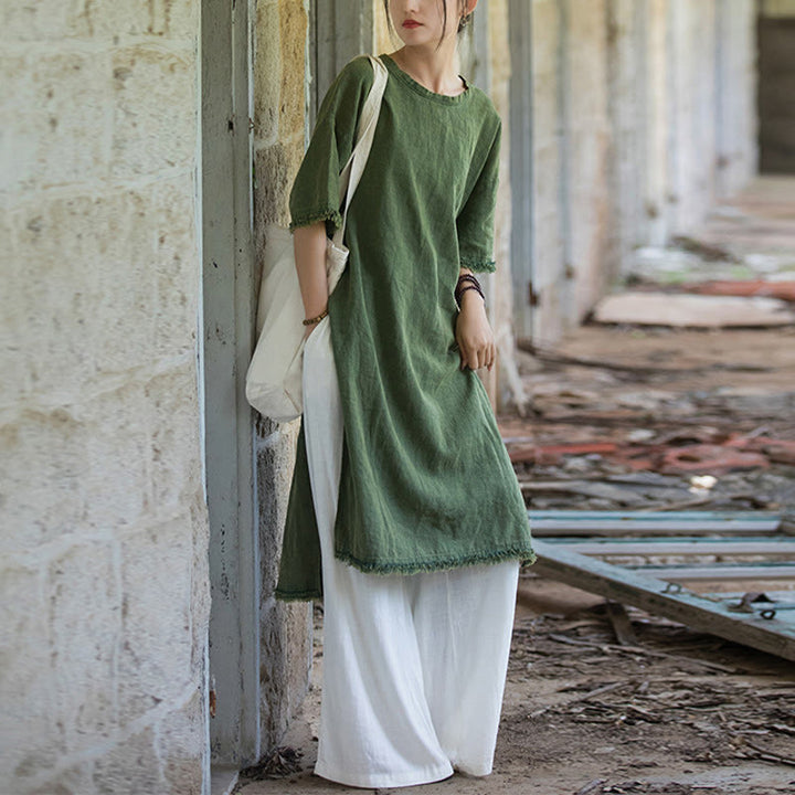 Buddha Stones Mid Length Dress Ramie Linen Half Sleeve Split Hem Top T-Shirt - image 12