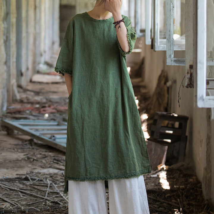 Buddha Stones Mid Length Dress Ramie Linen Half Sleeve Split Hem Top T-Shirt - image 7