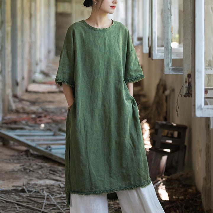 Buddha Stones Mid Length Dress Ramie Linen Half Sleeve Split Hem Top T-Shirt - Green(Bust 124cm/Shoulder 60cm/Length 101-108cm)(Dress Only) - image 0